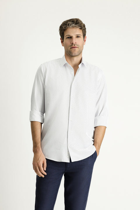 Light Navy Long Sleeve Classic Striped Cotton Easy-Iron Shirt