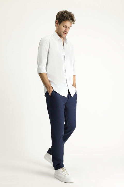 Light Navy Long Sleeve Classic Striped Cotton Easy-Iron Shirt