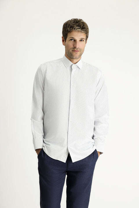Light Navy Long Sleeve Classic Striped Cotton Easy-Iron Shirt