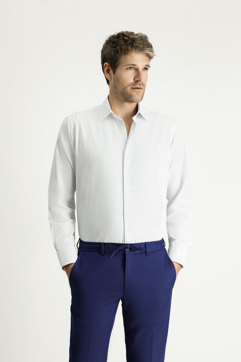 Blue Long-Sleeve Classic Striped Cotton Easy-Iron Shirt