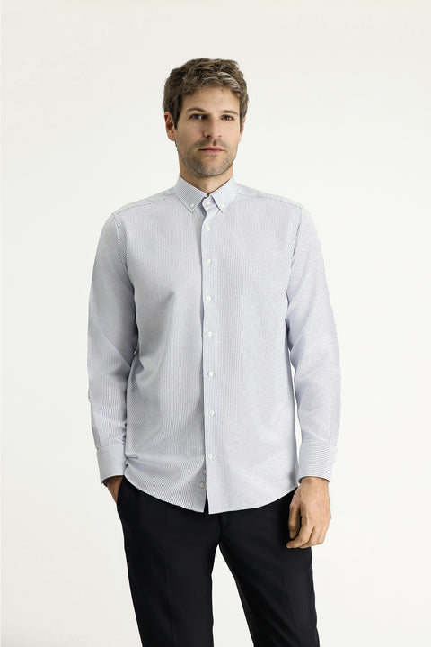 Dark Blue Long Sleeve Classic Striped Cotton Easy-Iron Shirt