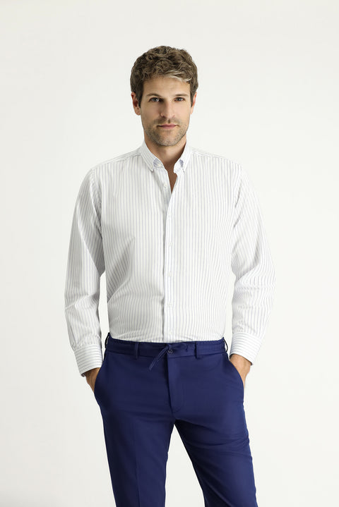 Dark Blue Long Sleeve Classic Striped Cotton Easy-Iron Shirt