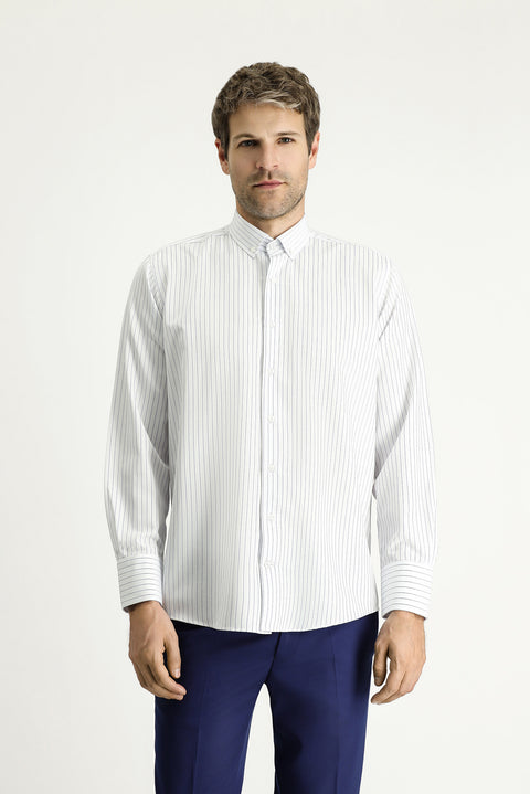Dark Blue Long Sleeve Classic Striped Cotton Easy-Iron Shirt