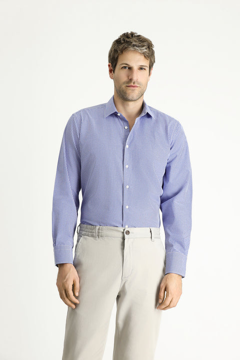 Navy Blue Long Sleeve Regular Fit Plaid Cotton Easy-Iron Shirt