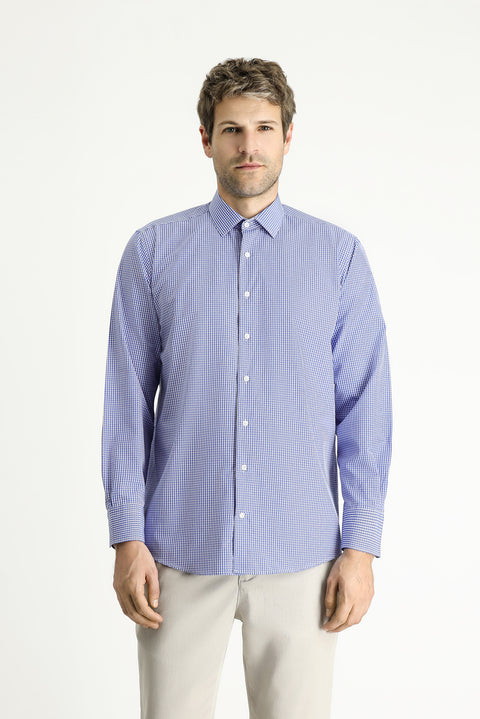Navy Blue Long Sleeve Regular Fit Plaid Cotton Easy-Iron Shirt