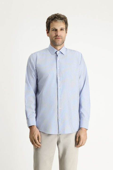Blue Long Sleeve Regular Fit Plaid Cotton Easy-Iron Shirt