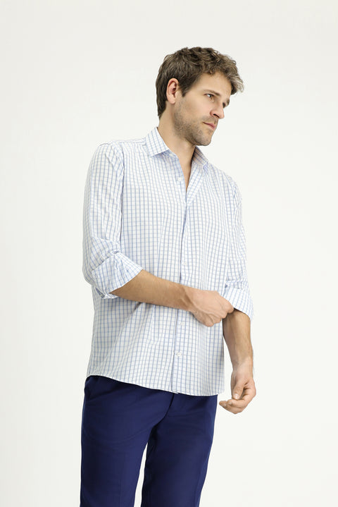 Blue Long Sleeve Regular Fit Plaid Cotton Easy-Iron Shirt