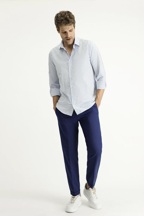 Blue Long Sleeve Regular Fit Plaid Cotton Easy-Iron Shirt