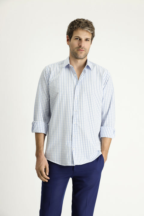 Blue Long Sleeve Regular Fit Plaid Cotton Easy-Iron Shirt