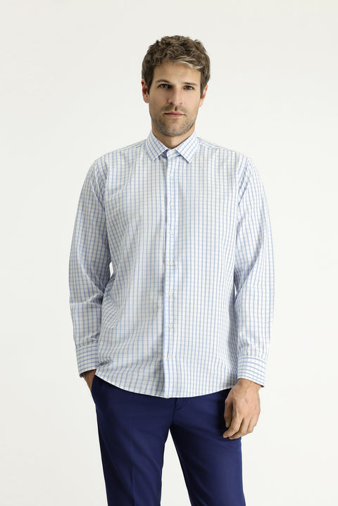 Blue Long Sleeve Regular Fit Plaid Cotton Easy-Iron Shirt
