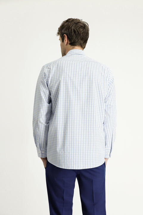 Blue Long Sleeve Regular Fit Plaid Cotton Easy-Iron Shirt
