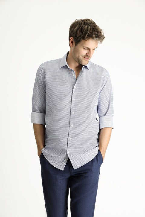 Light Navy Long Sleeve Regular Fit Plaid Cotton Easy-Iron Shirt