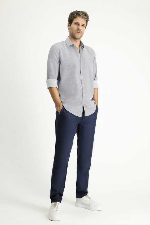 Light Navy Long Sleeve Regular Fit Plaid Cotton Easy-Iron Shirt