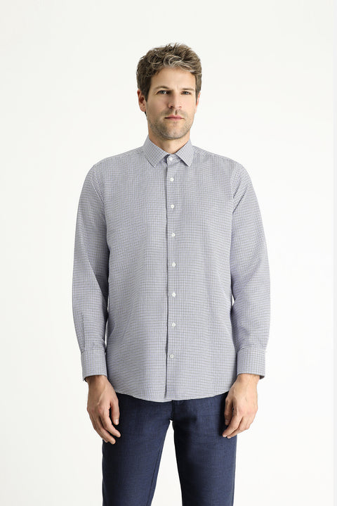 Light Navy Long Sleeve Regular Fit Plaid Cotton Easy-Iron Shirt