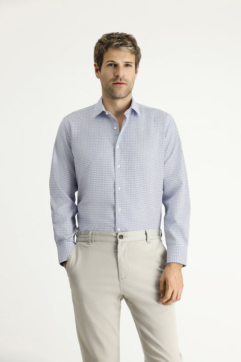 Blue Long Sleeve Regular Fit Plaid Cotton Easy-Iron Shirt