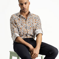Light Brown Long Sleeve Oversize Printed Linen Blend Cotton Shirt