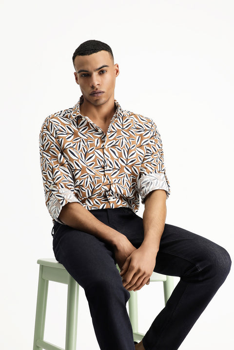 Light Brown Long Sleeve Oversize Printed Linen Blend Cotton Shirt