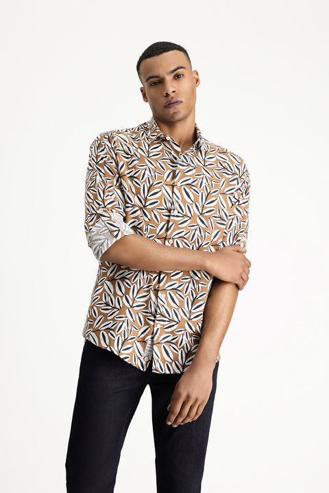 Light Brown Long Sleeve Oversize Printed Linen Blend Cotton Shirt