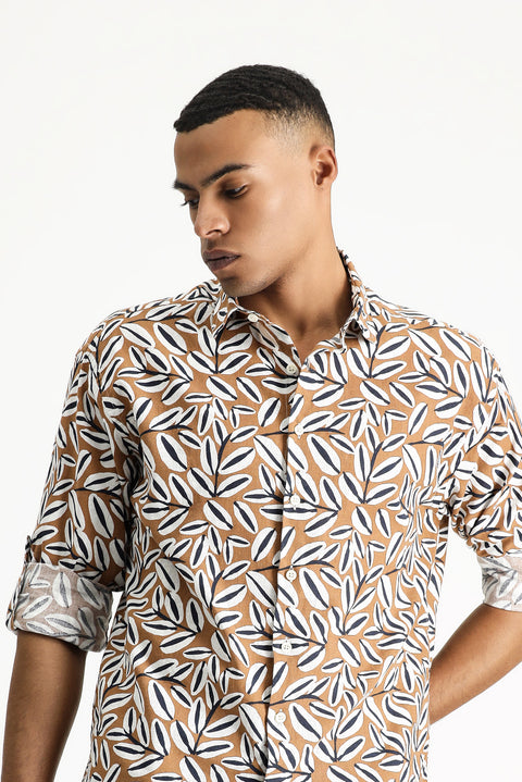 Light Brown Long Sleeve Oversize Printed Linen Blend Cotton Shirt