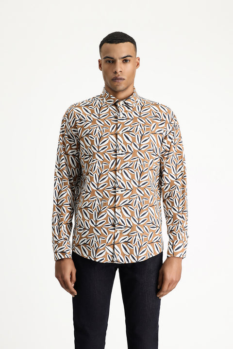 Light Brown Long Sleeve Oversize Printed Linen Blend Cotton Shirt