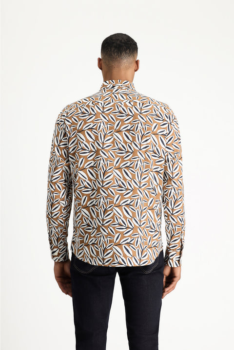 Light Brown Long Sleeve Oversize Printed Linen Blend Cotton Shirt