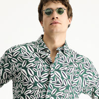 Dark Green Long Sleeve Oversize Printed Linen Blend Cotton Shirt