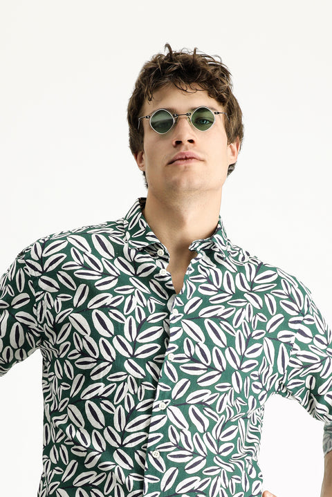 Dark Green Long Sleeve Oversize Printed Linen Blend Cotton Shirt