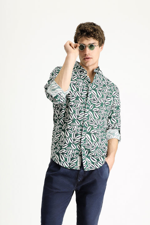 Dark Green Long Sleeve Oversize Printed Linen Blend Cotton Shirt
