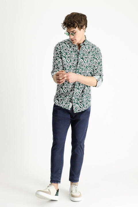 Dark Green Long Sleeve Oversize Printed Linen Blend Cotton Shirt