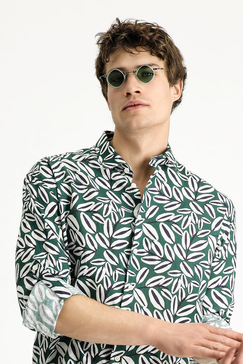 Dark Green Long Sleeve Oversize Printed Linen Blend Cotton Shirt