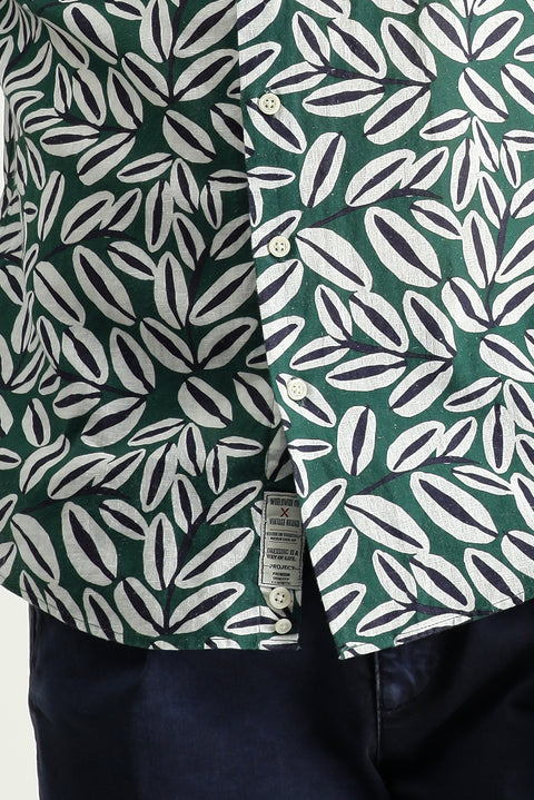 Dark Green Long Sleeve Oversize Printed Linen Blend Cotton Shirt