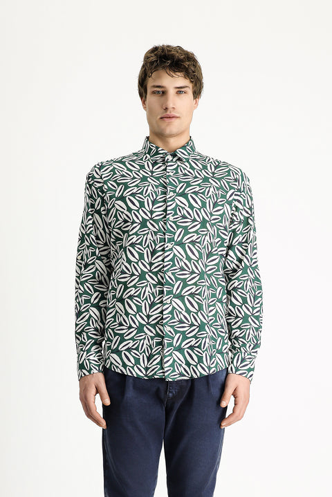 Dark Green Long Sleeve Oversize Printed Linen Blend Cotton Shirt