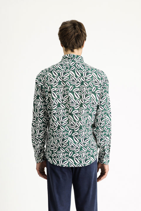Dark Green Long Sleeve Oversize Printed Linen Blend Cotton Shirt