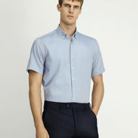 Light Navy Short Sleeve Regular Fit Pocketed Button-Down Collar Patterned Cotton Shirt