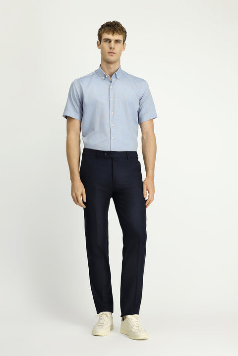 Light Navy Short Sleeve Regular Fit Pocketed Button-Down Collar Patterned Cotton Shirt
