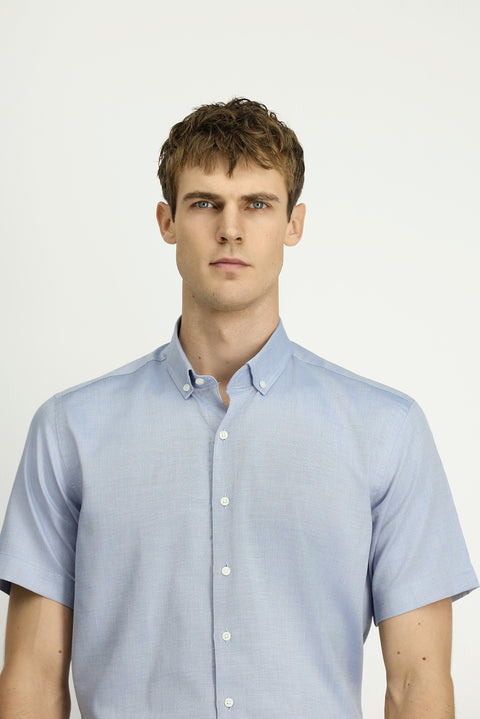 Light Navy Short Sleeve Regular Fit Pocketed Button-Down Collar Patterned Cotton Shirt