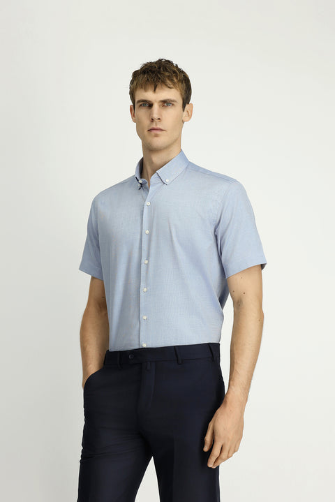 Light Navy Short Sleeve Regular Fit Pocketed Button-Down Collar Patterned Cotton Shirt
