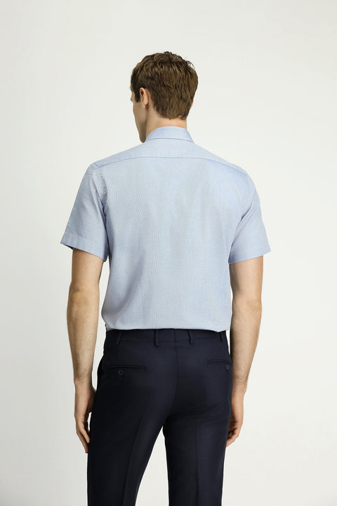 Light Navy Short Sleeve Regular Fit Pocketed Button-Down Collar Patterned Cotton Shirt