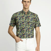 Dark Navy Short Sleeve Regular Fit Pocketed Button-Down Collar Patterned Cotton Shirt