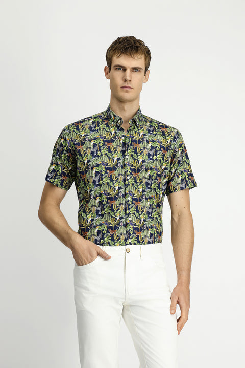 Dark Navy Short Sleeve Regular Fit Pocketed Button-Down Collar Patterned Cotton Shirt