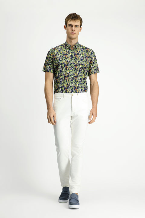 Dark Navy Short Sleeve Regular Fit Pocketed Button-Down Collar Patterned Cotton Shirt