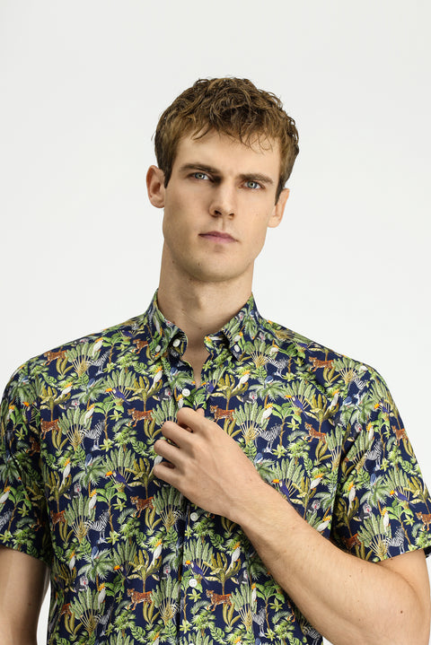 Dark Navy Short Sleeve Regular Fit Pocketed Button-Down Collar Patterned Cotton Shirt