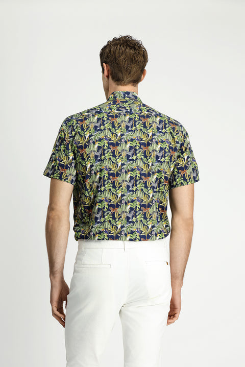 Dark Navy Short Sleeve Regular Fit Pocketed Button-Down Collar Patterned Cotton Shirt