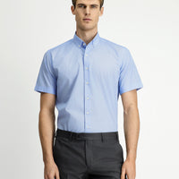 Light Blue Short Sleeve Regular Fit Cotton Shirt with Pockets and Button-Down Collar
