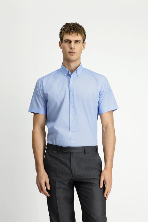 Light Blue Short Sleeve Regular Fit Cotton Shirt with Pockets and Button-Down Collar