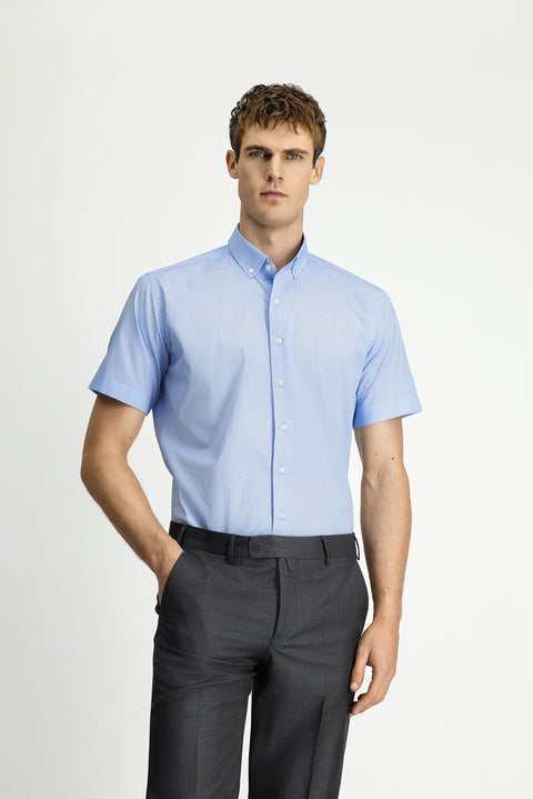 Light Blue Short Sleeve Regular Fit Cotton Shirt with Pockets and Button-Down Collar