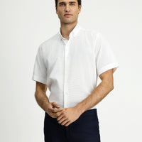 White Short Sleeve Regular Fit Pocketed Button-Down Collar Patterned Cotton Shirt