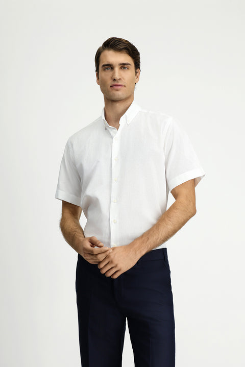 White Short Sleeve Regular Fit Pocketed Button-Down Collar Patterned Cotton Shirt