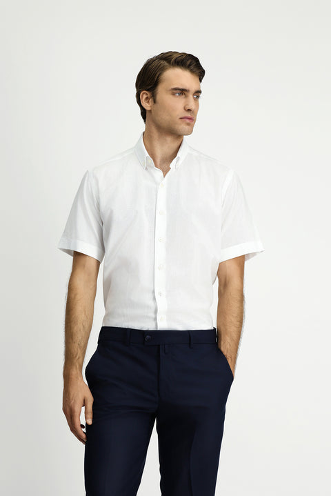 White Short Sleeve Regular Fit Pocketed Button-Down Collar Patterned Cotton Shirt