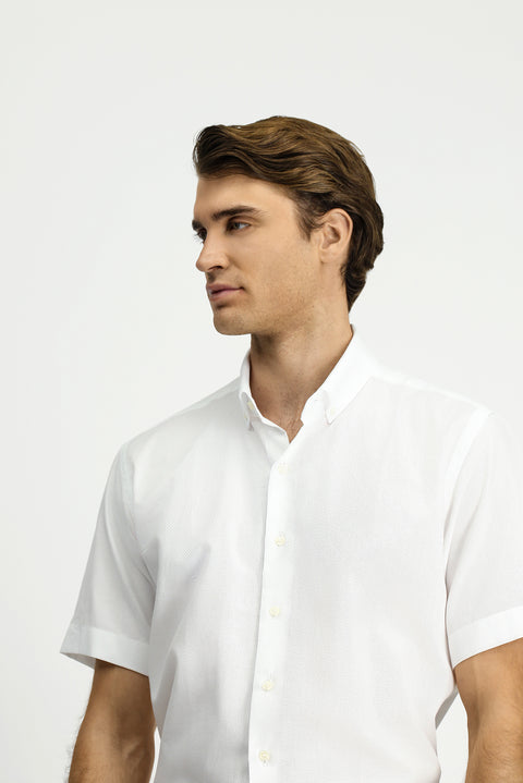 White Short Sleeve Regular Fit Pocketed Button-Down Collar Patterned Cotton Shirt
